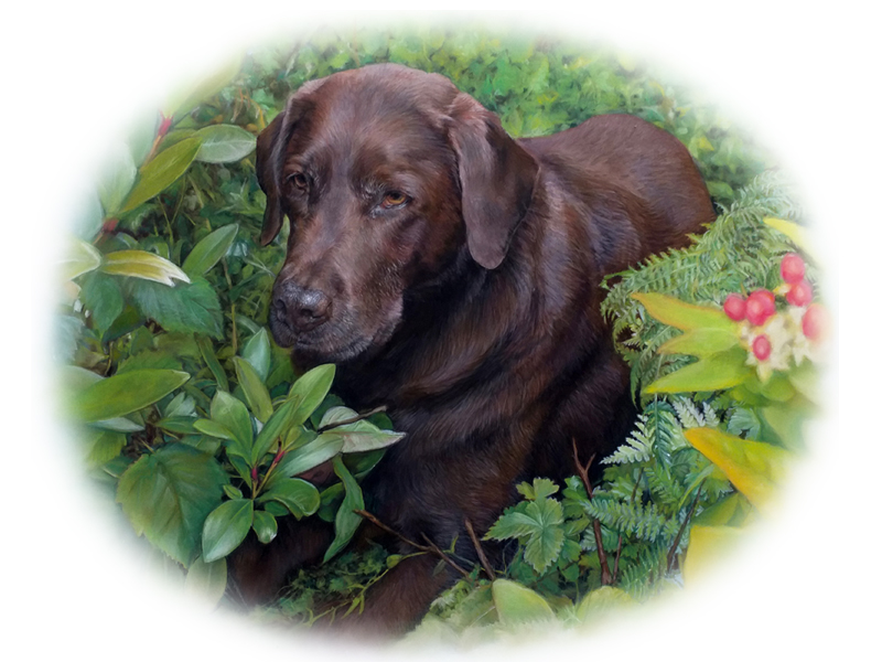 Portrait of a chocolate Labrador dog in landscape painted in pastel by UK pet portrait artist Pippa Elton